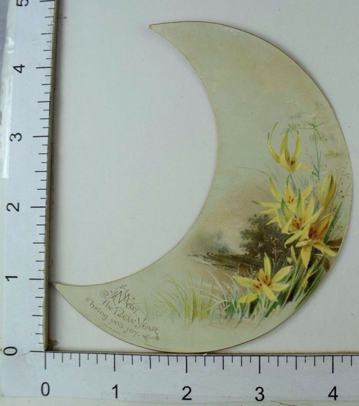 New Years' Victorian Die-Cut Crescent Moon Trade Card Lake Yellow Flowers #R
