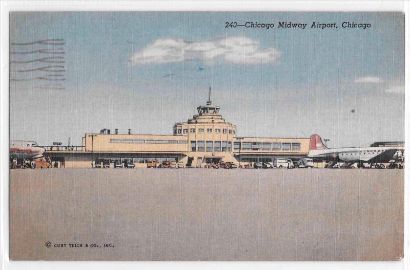 PM 1952 Chicago Midway Airport 240 Curt Teich Linen Postcard DC-4 Main Terminal