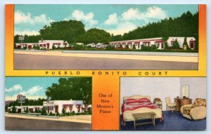 ALBUQUERQUE, NM New Mexico ~ Route 66 PUEBLO BONITO COURT c1940s Linen Postcard