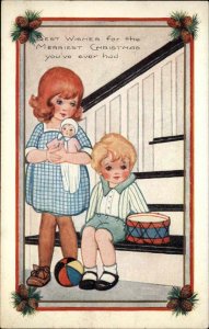 Whitney Christmas Sweet Little Girl and Boy Baby Doll Drum Vintage Postcard