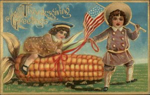 Thanksgiving - Boys American Flag Giant Corn Cob c1910 Postcard