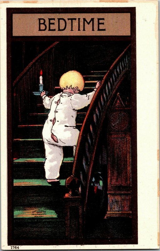 Bedtime, Boy Carries Candle Upstairs Little Nighties Series 68 Vtg Postcard D25