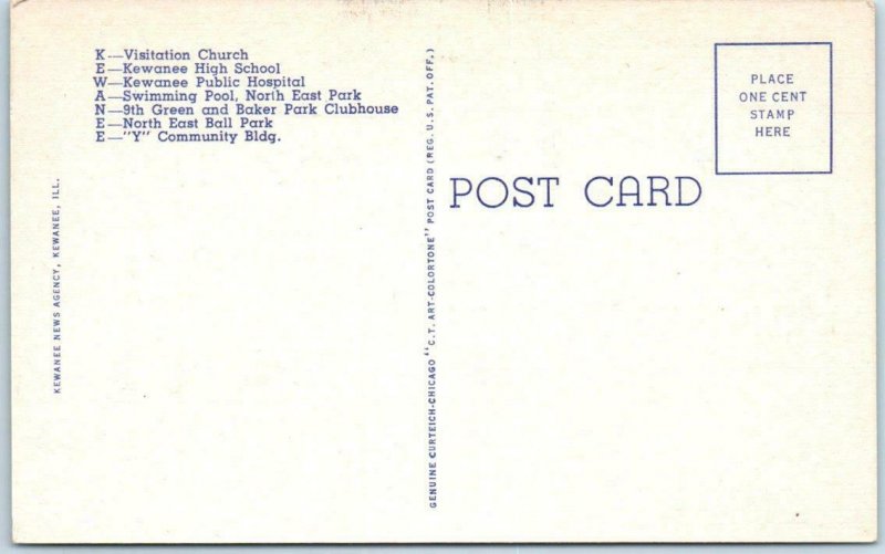 Large Letter Linen  KEWANEE, ILLINOIS IL c1940s Henry County ~ Curteich Postcard
