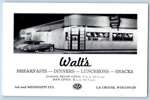 La Crosse Wisconsin WI Postcard Walt's Restaurant At Night Exterior c1960's Cars