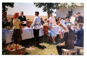 Holiday in Soviet Kolkhoz Peasant Harvest Socialist Realism Russian Postcard