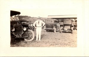 Cars Man Posing With Old Cars Real Photo