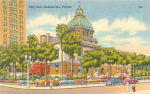 Jacksonville Florida City Hall, Old Cars Linen Postcard Unused