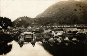 PC CPA MALAYSIA, VILLAGE SCENE WITH LAKE, VINTAGE REAL PHOTO POSTCARD (b4070)