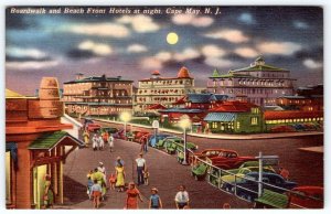 1940's CAPE MAY NJ MOONLIGHT NIGHT VIEW HOTELS OLD CARS BOARDWALK LINEN POSTCARD