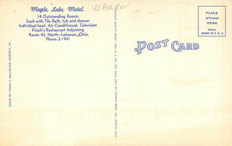 North Lebanon Ohio 1940s Postcard Maple Lake Motel