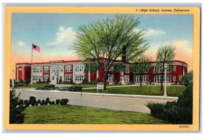 c1940's High School Campus Building US Flag Entrance Lewes Delaware DE Postcard