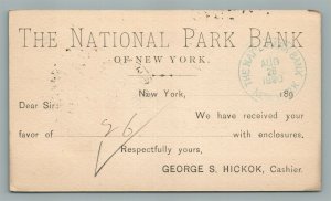 NATIONAL PARK BANK of NEW YORK 1890 ANTIQUE POSTCARD STATEMENT CARD