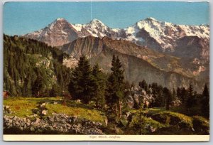 Postcard Eiger Mönch Jungfrau Switzerland Alps Mountains Trees 1930s Linen