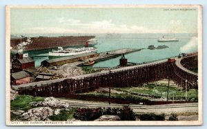 MARQUETTE, MI Michigan ~ HARBOR Scene SHIP & RAILROAD BRIDGE  c1910s Postcard 