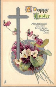 HAPPY EASTER c1916 Embossed Postcard Silver Cross Flowers by Raphael Tuck