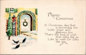 Postcard Merry Christmas - birds outside front door