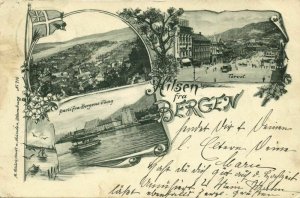 norway norge, BERGEN, Multiview Panorama, Bergens Vaag, Torvet (1900) Postcard