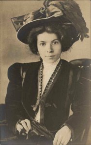 Beautiful Woman Big Eyes Hat Jacket c1910 Real Photo Postcard CLOSE-UP