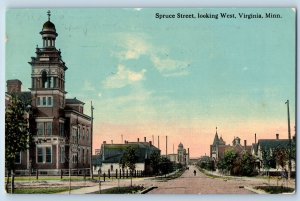 Virginia Minnesota MN Postcard Spruce Street Looking West Scene Buildings 1910
