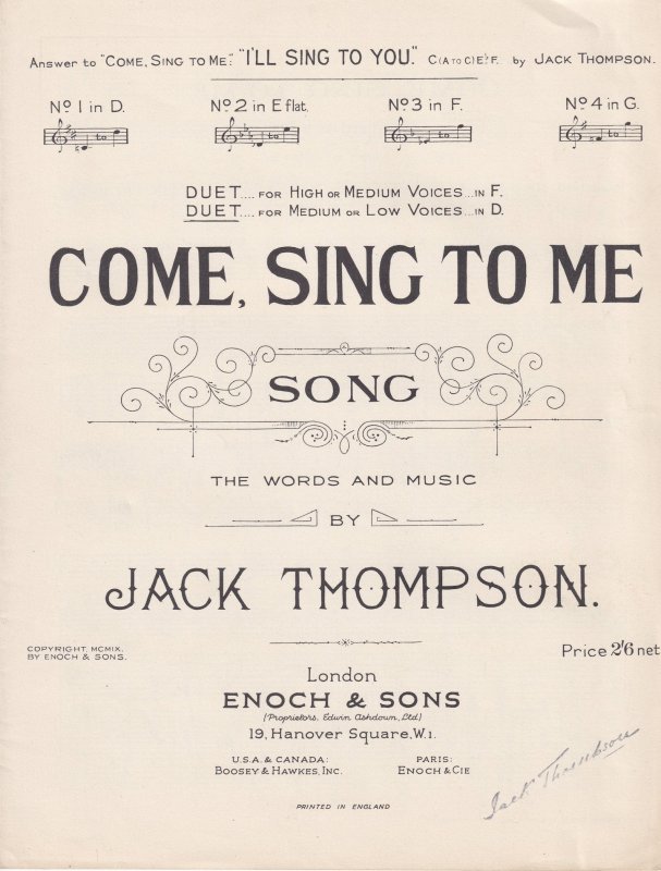 Come Sing To Me Jack Thompson 1950s Sheet Music