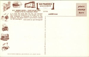Vtg M.S. Harbor Queen Sight-seeing Boat Pier 43 Fishermans Wharf CA Postcard
