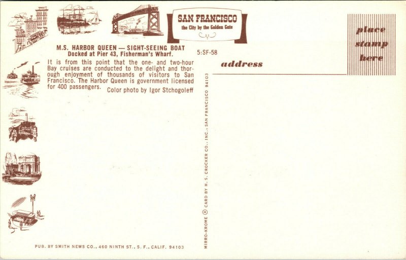 Vtg M.S. Harbor Queen Sight-seeing Boat Pier 43 Fishermans Wharf CA Postcard