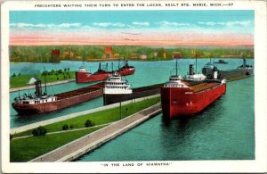 Michigan Sault Ste Marie Freighters Waiting To Enter The Locks 1933