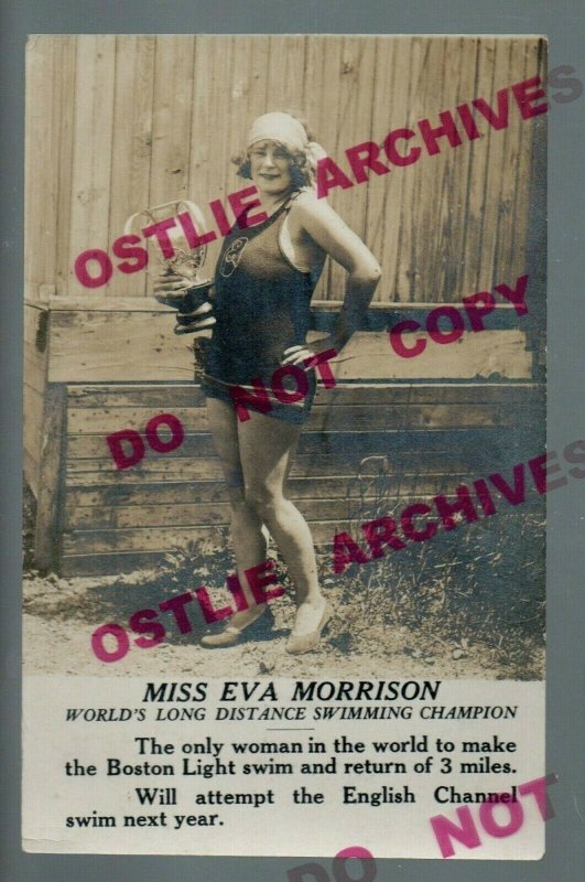 rppc c1926 EVA MORRISON Posing Trophy LONG DISTANCE SWIMMER Woman Swimming CHAMP