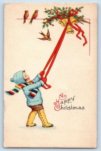 Toms Brook Virginia VA Postcard Christmas Child Ringing Bells Song Birds Berries