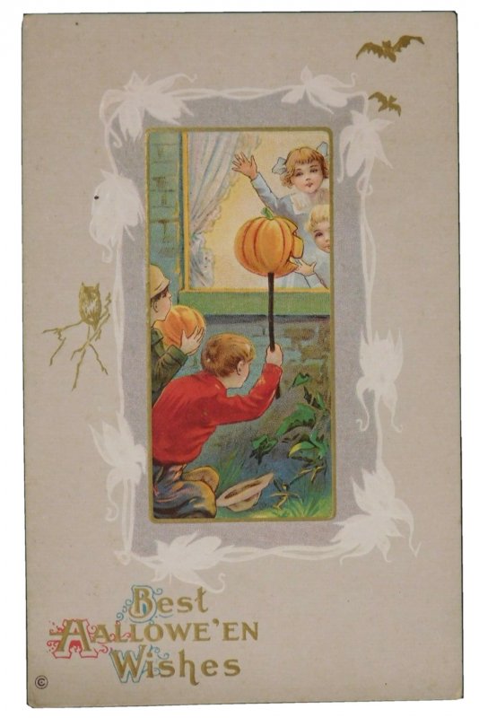 1910s Halloween Postcard Children Owl Bats Jack-O'-Lantern