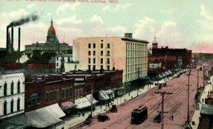 C. 1910 Washington Ave Downtown Trolley Signs Lansing, MI Postcard F58 