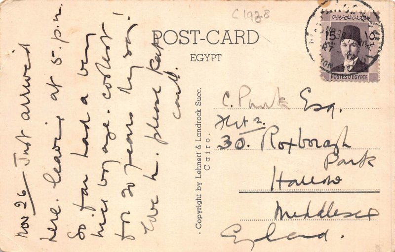 A866 Egypt 1938 Cairo Sphinx and Pyramids Camel vintage postcard