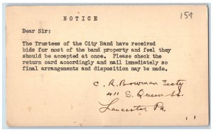 1954 Trustees of the City Bid for Band Property Lancaster PA Postal Card