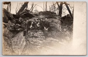 RPPC Five Men Posing On Large Rocks Real Photo Postcard P26