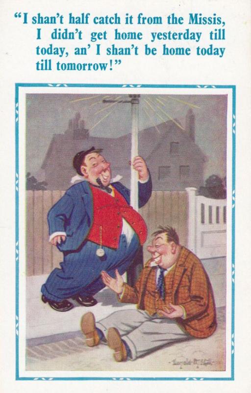 Two Drunk Alcholic Tramp Lampost Stopwatch Watch Dangling Comic Humour Postcard