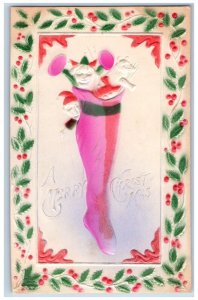 Christmas Postcard Stocking Full Of Toys Holly Berries Airbrushed Embossed c1910