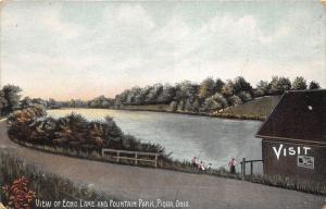 Piqua Ohio~Echo Lake & Fountain Park~'Visit' Sign on Building~Kids Fishing~c1910