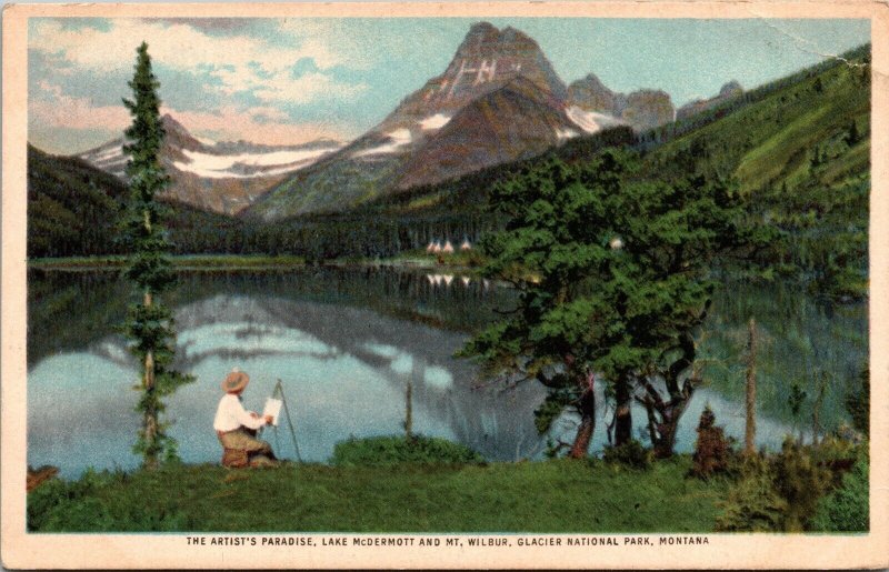 Lake McDermott Mt Wilbur Glacier National Park Montana Artist WB Postcard VTG  