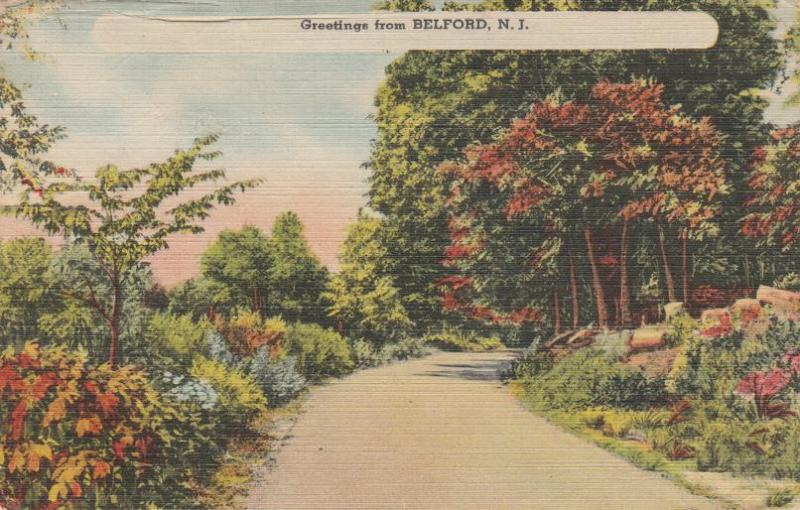 Rural Road - Greetings from Belford NJ, New Jersey - pm 1944 - Linen