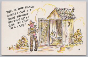 Comics~Man Pointing to Outhouse~One Place Where I Can Sit~Vintage Postcard