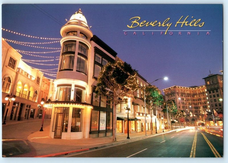 BEVERLY HILLS, CA ~Night View RODEO DRIVE Shopping Xmas Lights? 4¾x6¾ Postcard