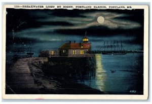 c1920's Moonlight Breakwater Light By Night Portland Harbor Portland ME Postcard