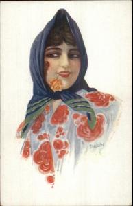 Beautiful Woman Eyes Shawl Flower in Mouth Chantecler MARILENA Postcard