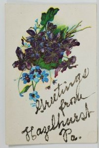 PA Greetings from Hazelhurst Pennsylvania Glitter Decorated Postcard S10