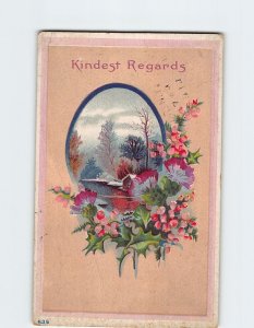 Postcard Kindest Regards with Flowers Embossed Art Print