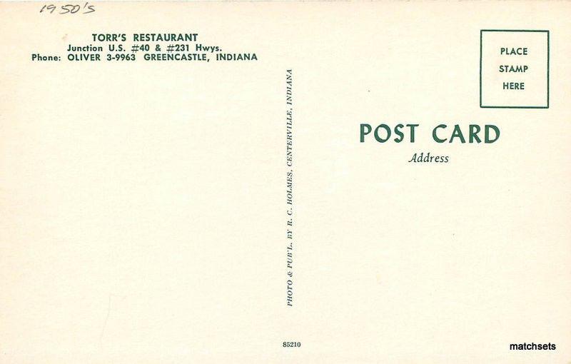 1950s Greencastle Indiana Torr's Roadside Restaurant Holmes postcard autos 12139