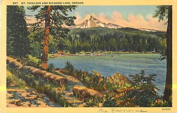 Linen Card of Mt Thielsen & Diamond Lake Oregon OR 1944