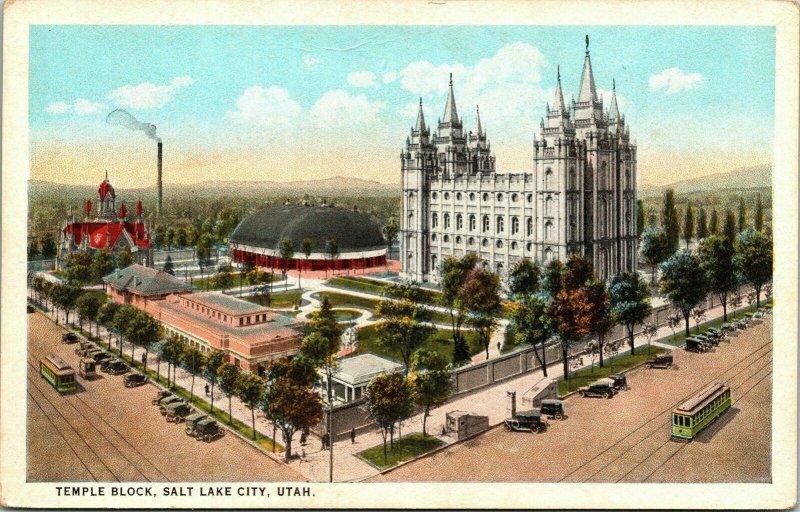 Temple Block Salt Lake City Utah UT  Old Car Trolley VTG Postcard WB UNP Unused 