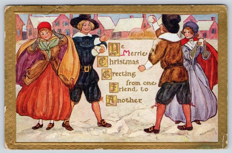 c.1913 Vintage Christmas Postcard with Pilgrim Dress