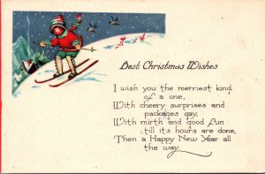 Merry Christmas With Young Girl Skiing 1920